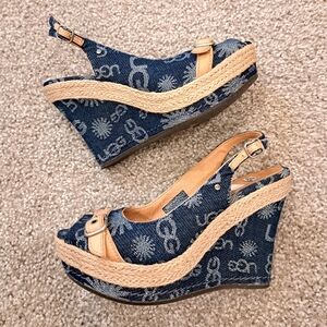 UGG Noella Denim Print Buckle Wedge Heels Size 7